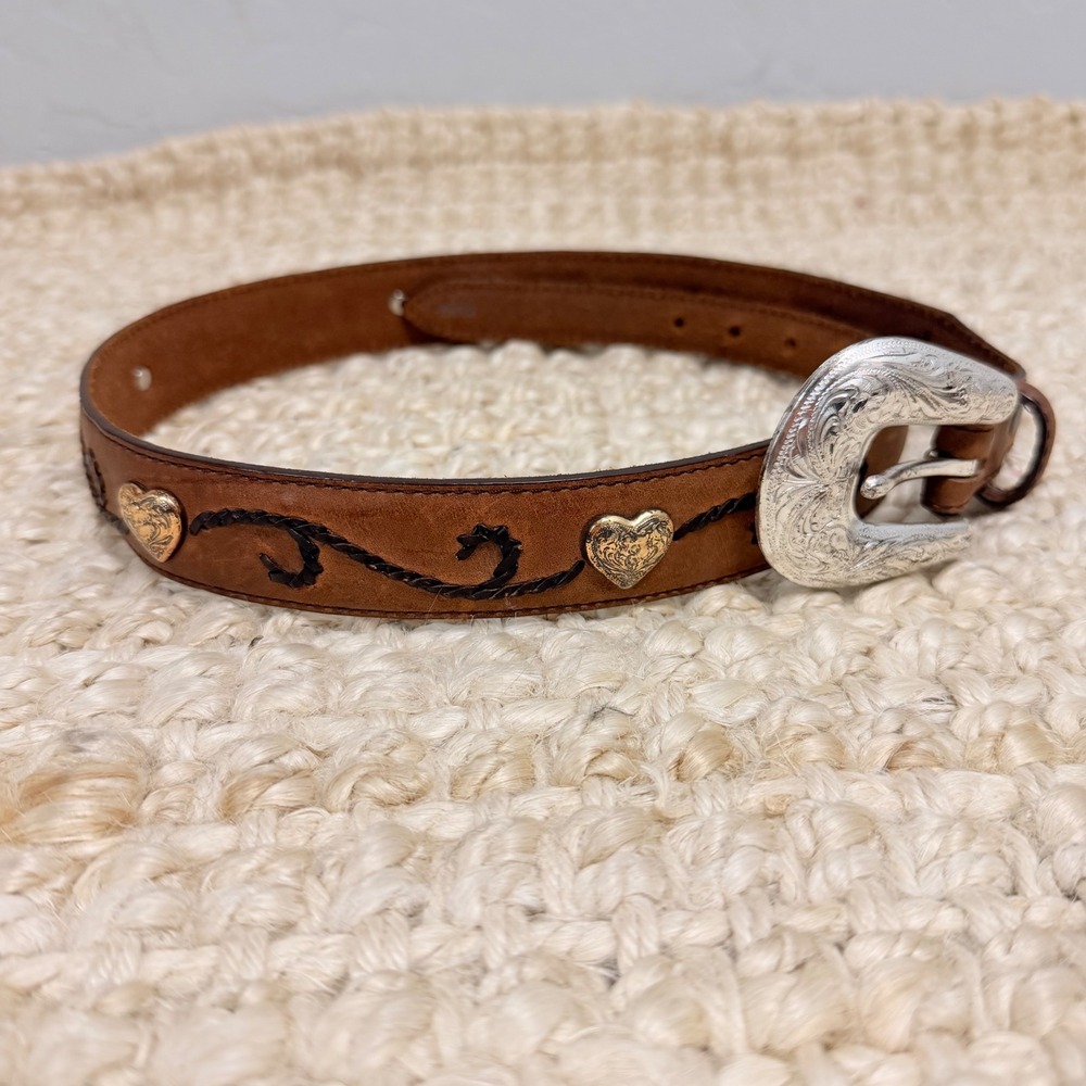 Tony Lama Womens Brown‎ Leather Western Belt Gold Heart Conchos Silver Buckle 28